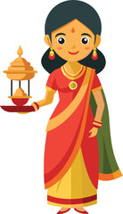 Indian woman wearing sari and carrying a lamp 