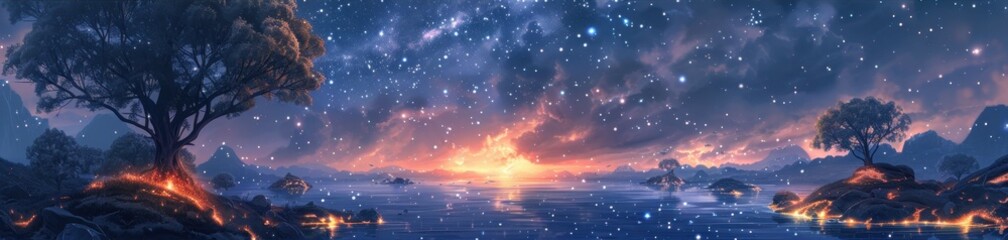 Fototapeta premium Fantasy landscape with a starry sky, ocean, and glowing trees, creating a magical and serene nighttime scene.