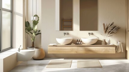 A bathroom with a large mirror and two sinks