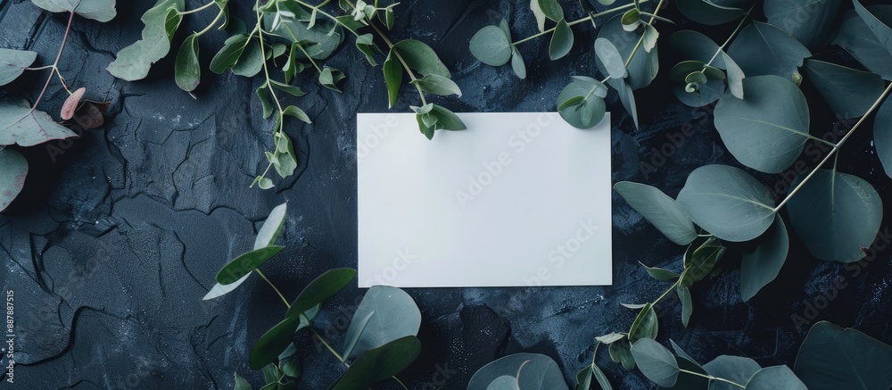 Aufkleber elegant table arrangement with eucalyptus branch and blank card on a dark backdrop ideal for a copy 
