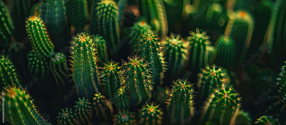 Poster A close up shot of cacti from above showing intricate details with a focus on the macro perspective and abundant copy space image