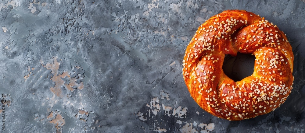 Poster top view of a traditional turkish bagel simit with sesame on a gray background providing ample copy 