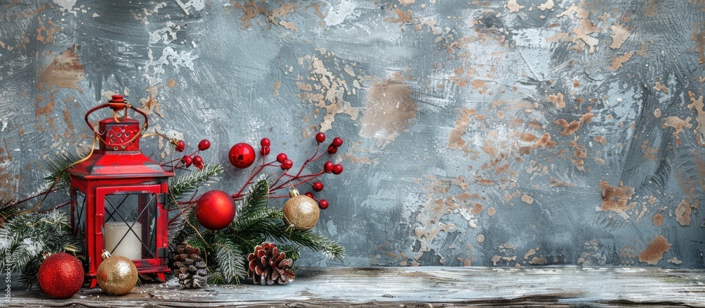 Poster Festive Christmas decor featuring a red lantern bauble and fir tree on a rustic stone table with a textured stone background suitable for copy space image