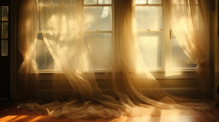 Sunlight streaming through sheer curtains