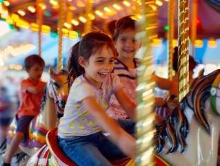Obraz premium Joyful Children Riding Colorful Carousel at Summer Fair with Motion Blur