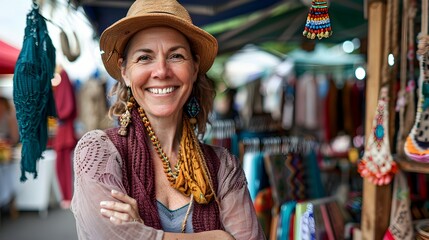 Obraz premium Vibrant Artisan Market Stall at Summer Fair with Handmade Crafts and Smiling Vendors