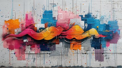 Colorful urban graffiti art painted on a brick wall, featuring dynamic shapes and vibrant splashes of paint.