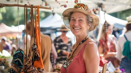 Vibrant Artisan Market Stall at Summer Fair with Handmade Crafts and Smiling Vendors