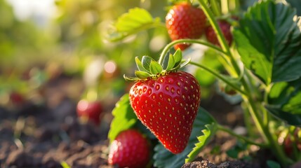 Close up juicy strawberry growing in the field with sunshine and green leaves
