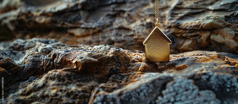 Aufkleber house shaped pendant on a natural rock surface background with a copy space image for text represent