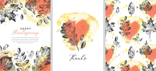 Happy Thanksgiving. Set of thanksgiving watercolor vector templates with leaves, hearts, drops and splashes. Vintage nature design for print, greeting card, banner, invitation