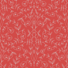 Floral hand drawn art nouveau pattern on red background.
