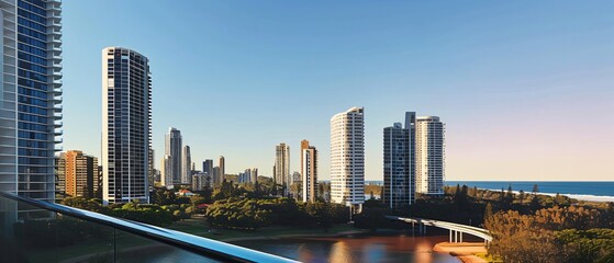 Fototapeta premium Tranquil cityscape with towering skyscrapers and a peaceful river at sunset