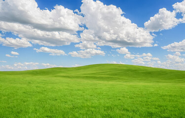 Green hill landscape under blue sky with white clouds, serene nature background, vibrant grass field, clear weather day, outdoor scenery for relaxation and peace