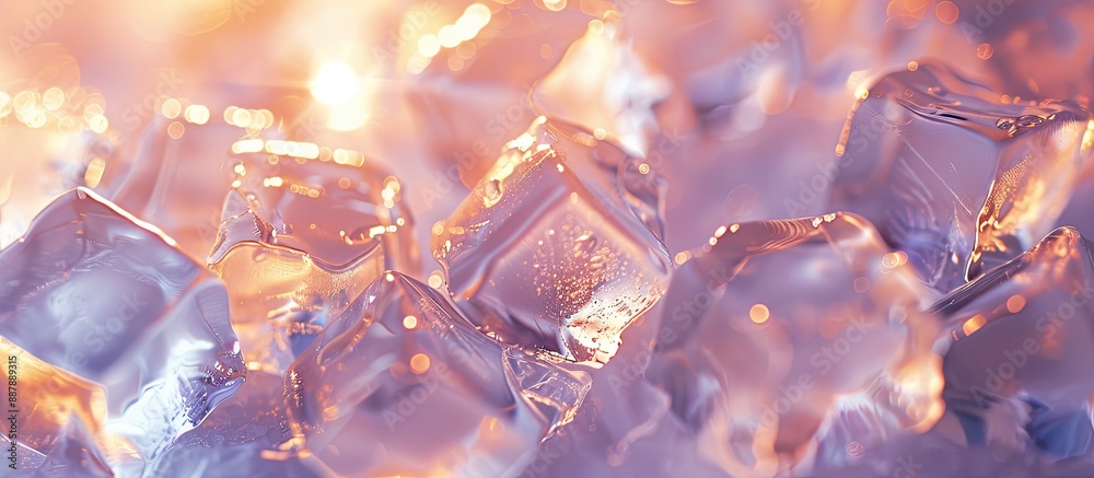 Poster Selective focus on numerous transparent ice cubes on a bright backdrop with room for text within the copy space image