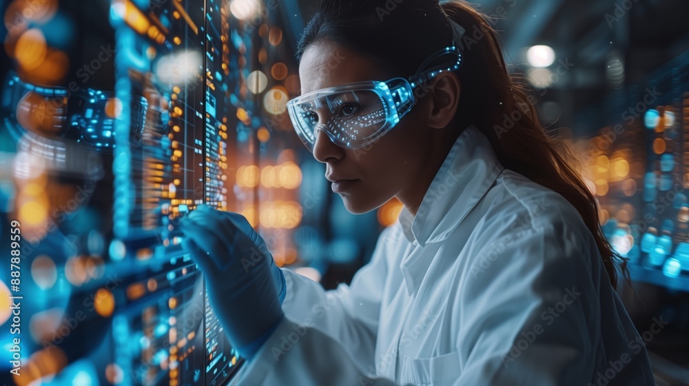 Poster a scientist in a lab coat and safety goggles examines data displayed on a large screen. the screen s