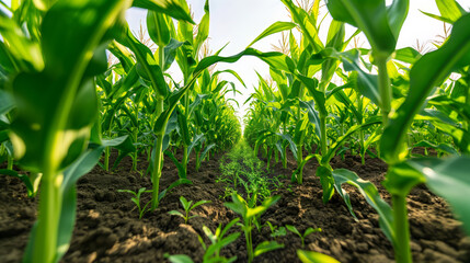 Obraz premium Vibrant Cornfield Under Clear Sky from Ground Level