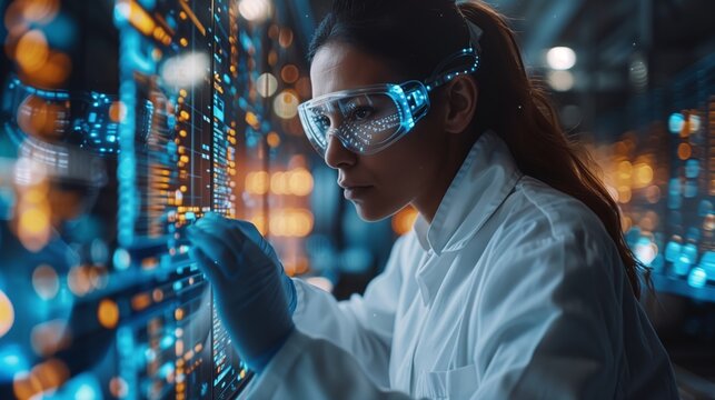 A scientist in a lab coat and safety goggles examines data displayed on a large screen. The screen shows a complex pattern of light and color.