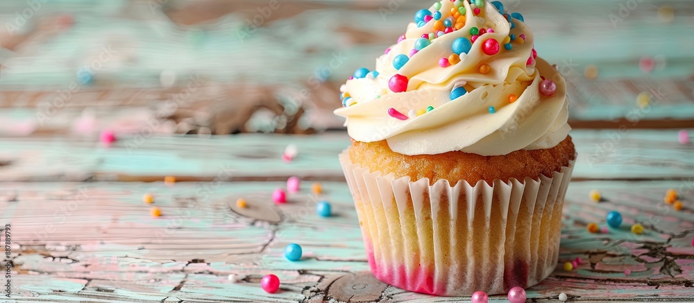 Poster a stunning cupcake displayed on a bright wooden surface with ample copy space image