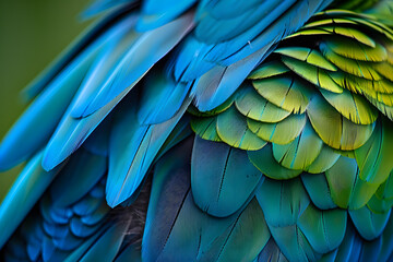 Obraz premium Close up of colorful blue and green feathers of exotic parrot bird