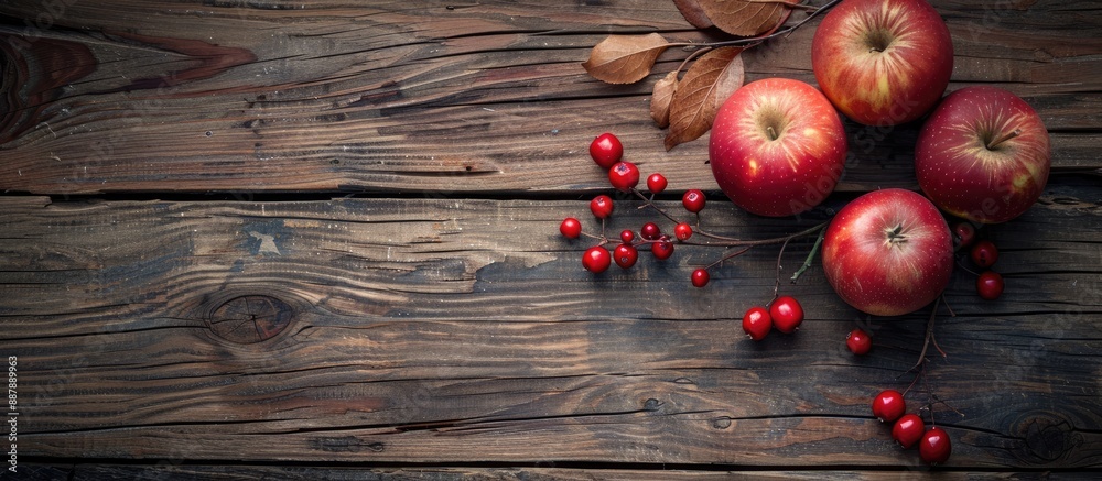 Aufkleber wooden background featuring rustic autumn apples and rowan berries copy space image