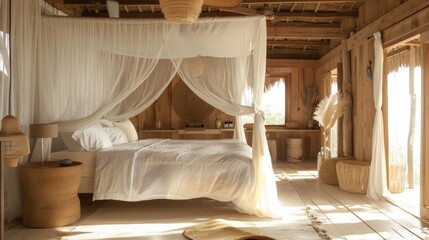 A large white bed with a canopy and a white rug