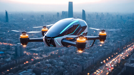 air taxi flying over city at dusk, autonomous drone vehicle, modern urban transportation concept, aerial view of skyscrapers with evening lights