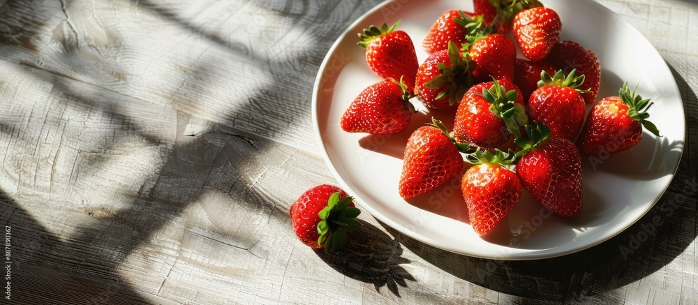 Aufkleber close up image of ripe fresh strawberries on a white plate with a long shadow featuring ample copy s