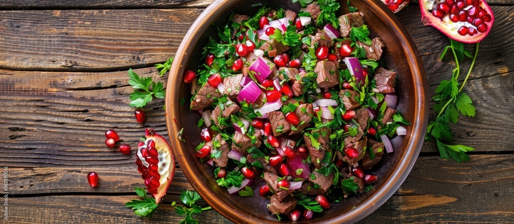 Poster georgian cuisine offers a healthy salad comprising beef onion and cilantro in a sweet and sour sauce