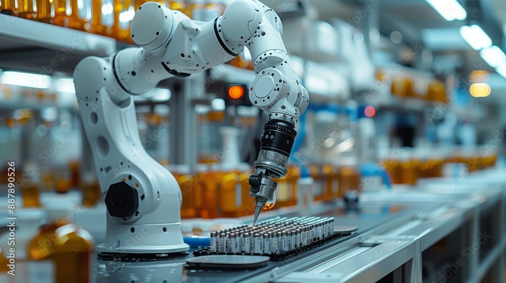 Poster a close-up of an ai-powered robotic arm performing a precise task in a laboratory setting. the arm i