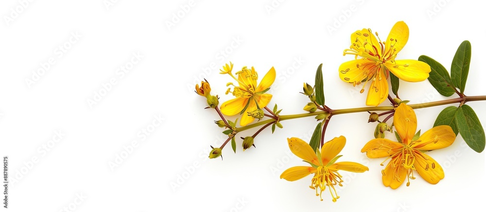 Wall mural kantarion a st johnswort flower known as tutsan displayed on white background in a copy space image