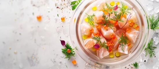 Appetizing fish aspic on a bright table top view with copy space image available