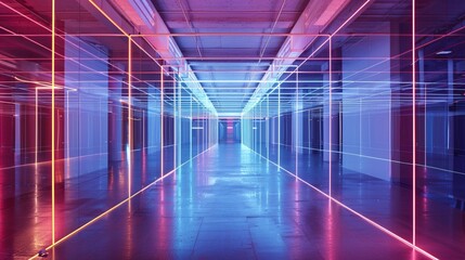4. Minimalist elegance meets technological sophistication as a grid of neon lines illuminate a pristine, glassy platform