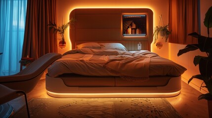 A bed with a lighted headboard and a plant on the nightstand