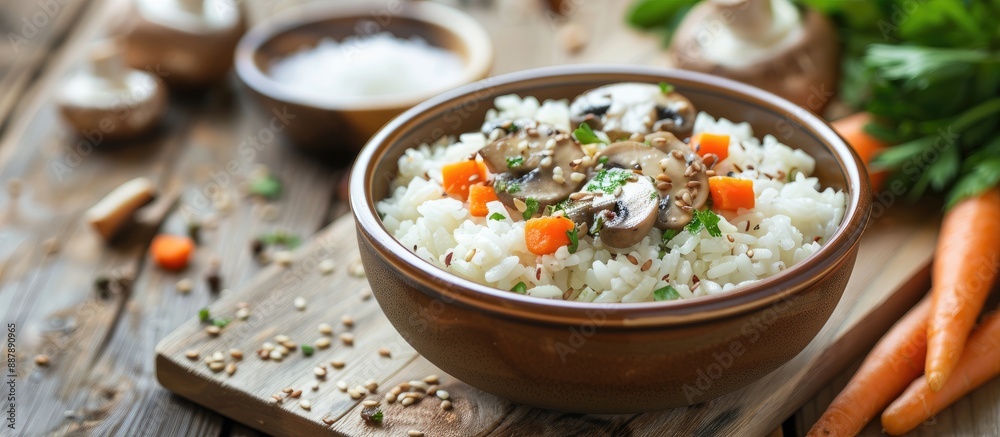 Poster a vegetarian asian style dish with soft boiled rice champignon mushrooms and carrots on a wooden tab