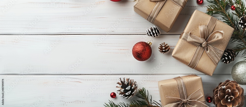 Poster top view of modern christmas presents adorned with ornaments and cones on a white wooden background 
