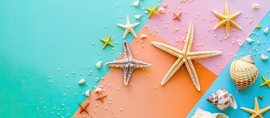 Top view of a summer themed flat lay composition featuring lovely starfish and seashells on a colorful table Perfect for a copy space image