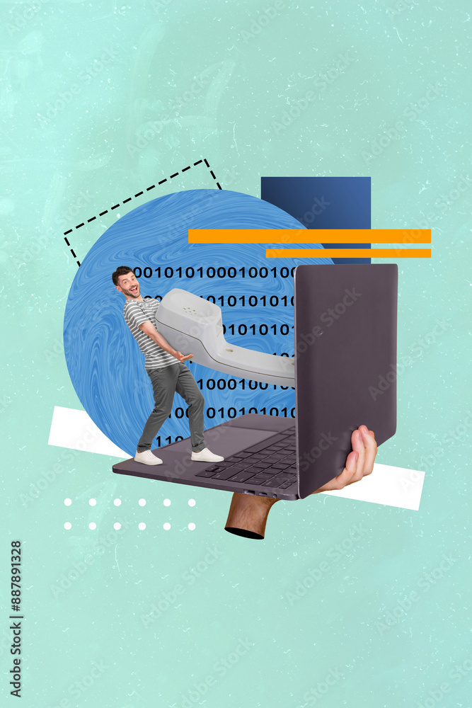 Poster Artwork image collage of smiling nice man make order phone number isolated on drawing background