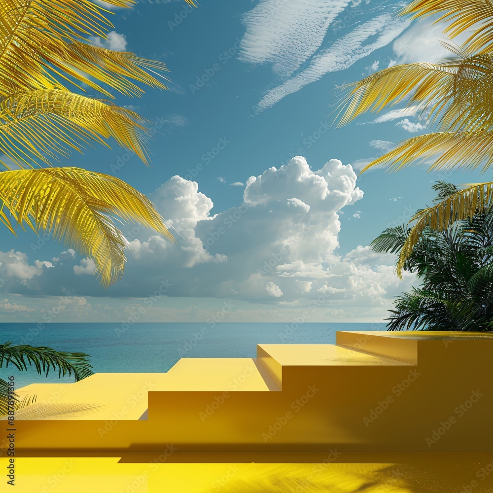 Sticker 3. Rendered 3D platform in a striking yellow hue, positioned against a backdrop of a breathtaking tropical beach scene, complete with a deep blue sky dotted with fluffy clouds and verdant palm