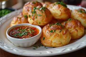 Gougres A plate of golden, airy Gougres (cheese puffs) with a side of dipping sauce. Served on a...