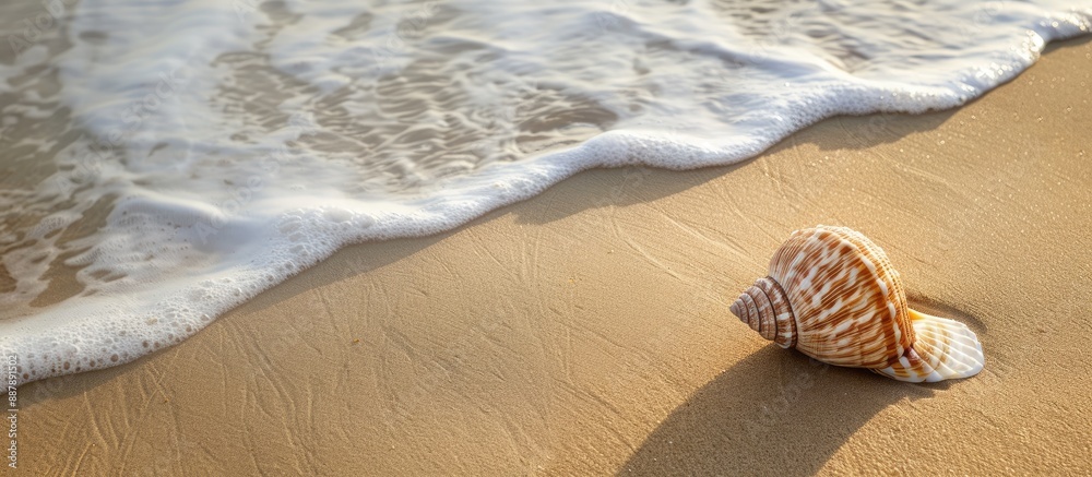 Aufkleber A seashell rests on the sandy beach with gentle waves creating a tranquil backdrop setting ideal for a beautiful copy space image