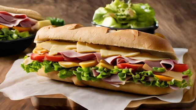  Deliciously stacked sub sandwich with fresh veggies and cheese
