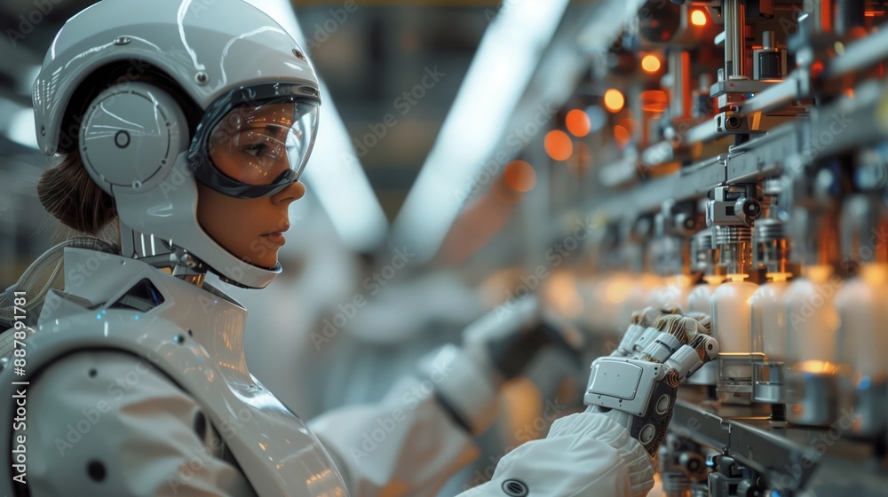 Poster a robot worker in a factory setting operates a machine on an automated assembly line.