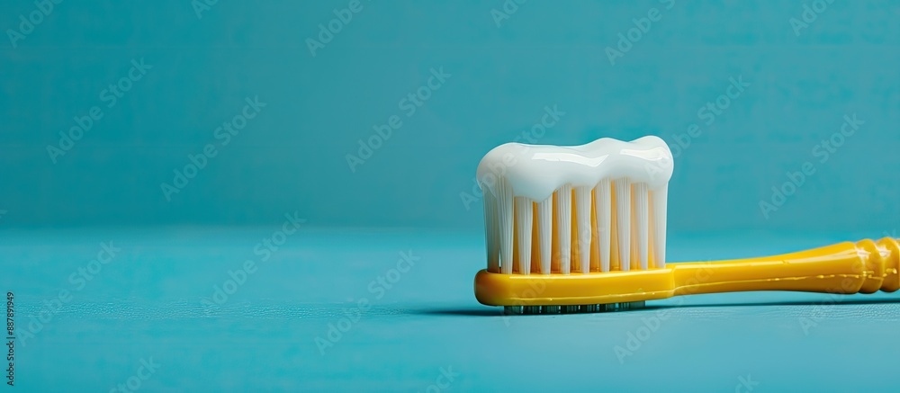 Poster a yellow toothbrush with toothpaste on it shown in a detailed close up on a blue background with cop
