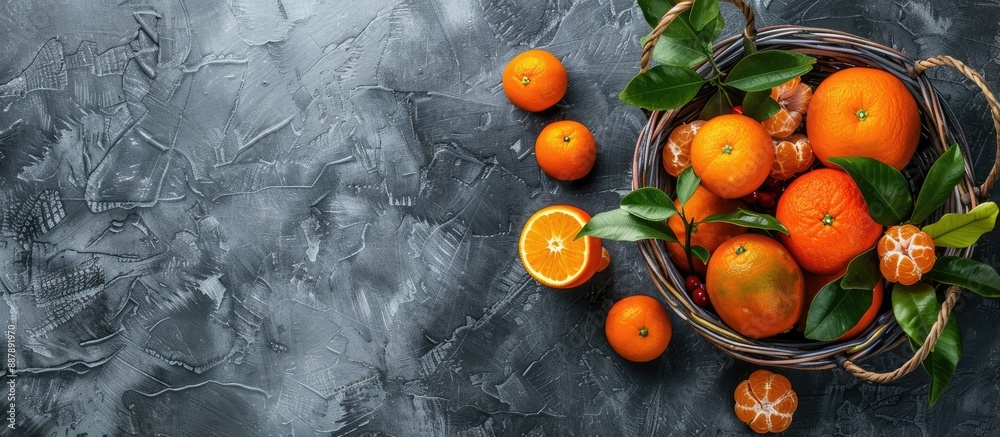 Poster Basket filled with citrus fruits like oranges tangerines and clementines complete with leaves placed on a gray stone background with ample copy space image