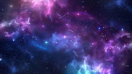 Fototapeta premium Cosmic background with a starry night sky, nebulae, and galaxies, featuring deep blues and purples with twinkling stars