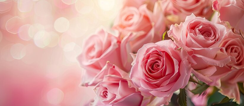 Close up photo of a stunning bouquet of pink roses in full bloom perfect for Valentine s or Mother s Day embodying the essence of love with copy space image