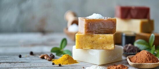 White wooden table displays salt milk soaps and henna blocks used for hair color providing an ideal composition for a copy space image