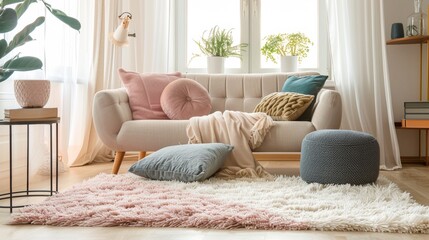A living room with a white couch and a pink rug
