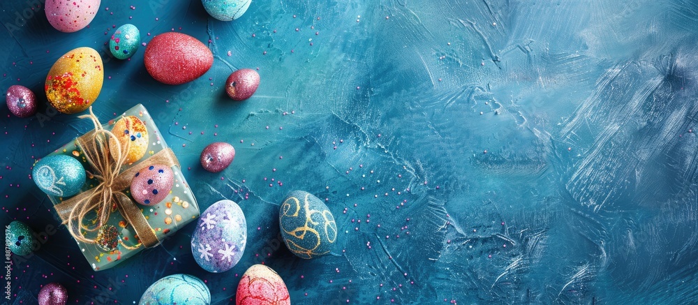 Leinwandbilder A variety of colorful Easter eggs adorned with sequins along with a present displayed on a blue surface seen from the top with available space for text or images. with copy space image